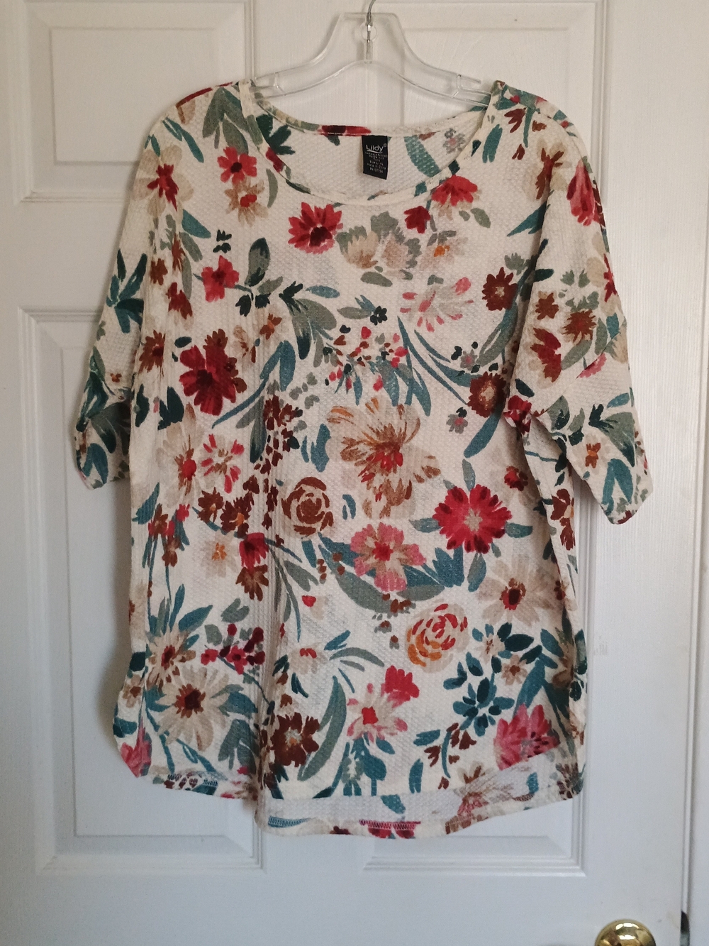 EUC Lildy Women's Waffle Knit Short Sleeve Tunic Top Floral Print Size L/XL